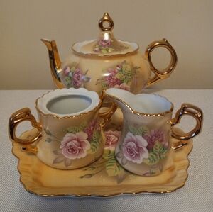 Vtg Lefton China Heritage Rose Handpainted Floral Porcelain Tea Service Set.
